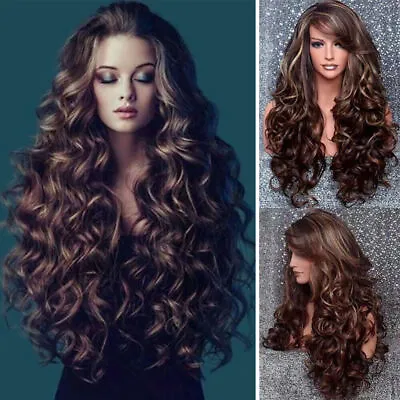 Women Ombre Brown Long Curly Wigs Real Natural Body Wave Hair Full Wigs Cosplay • £15.59