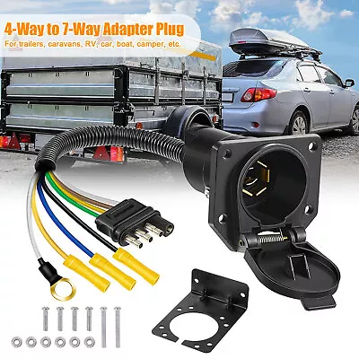 4 Pin Flat To 7 Way RV Trailer Truck Adapter Wiring Plug With Mounting Bracket • $15.48