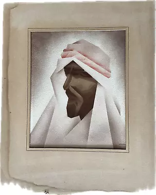 Vintage 1934 Fine Art  Portrait Airbrush Painting Arab Sheik By J.M. Powell • $19.99