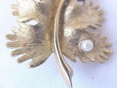 Brooch Oak Leaf Vintage Gold Tone With One Faux Pearl Signed Good Condition • $5.51