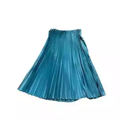 ZARA Satin Effect Pleated Midi Skirt Turquoise Large  • $28