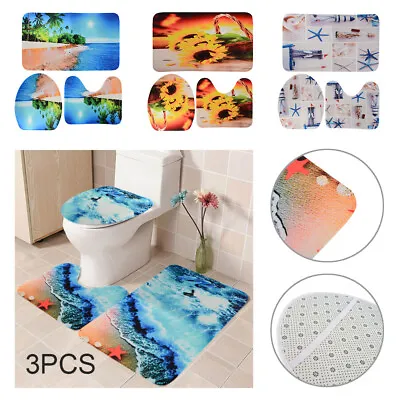 £9.59 • Buy 3Pcs Printed Bath Mat Set Non-Slip Pedestal Mat Toilet Bathroom Rug Memory Foam