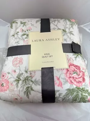 Laura Ashley Breezy Floral Reversible Quilt With Shams Set - KING - Pink/Green • $134.95