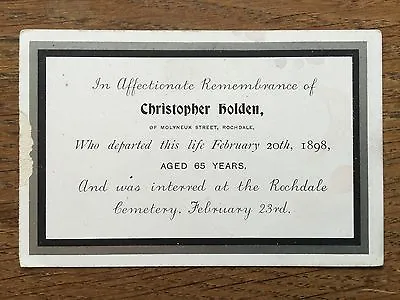 Christopher Holden Died 1898 Molyneux St ROCHDALE Old Memoriam Card Genealogy   • £9.99