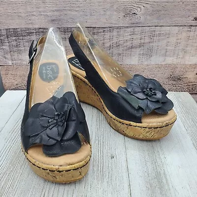 Born Women Sandals Black Sz 8 Leather Cork Heel Sling Back Sandals B.o.c Flower • $23.99