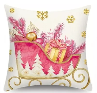 Vintage Santa Sleigh Gifts Christmas Linen Throw Pillow Cover Holiday Home Decor • $15.95