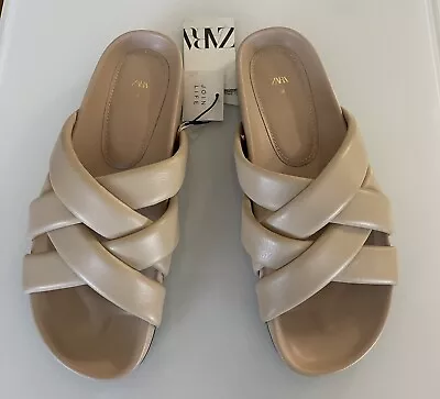 NWT Zara Beige Chunky Quilted Strap Leather Sandals Sz. 7.5/38 • $33