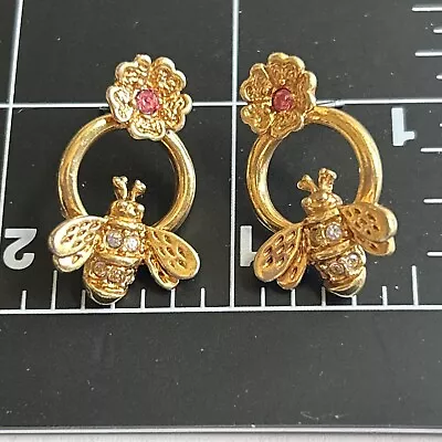 VTG AVON Gold Tone Bumble Bee Apiary Flower Pink Clear Stone Pierced Earrings • $14