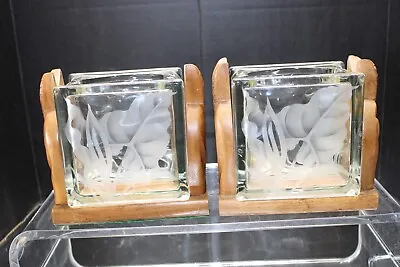 Vintage PAIR Hawaiin Etched Glass Block Vases With Wood Bases Frank Oda? • $142.99