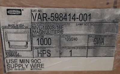 Hubbell 1000 Watt Metal Halide Industrial Flood Light Mvl-1000s-16e Magnuliter • $390