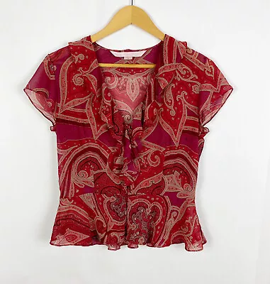 Victorias Secret Top Red Paisley Print Cap Sleeve Ruffles Sheer Size Medium • $14.99