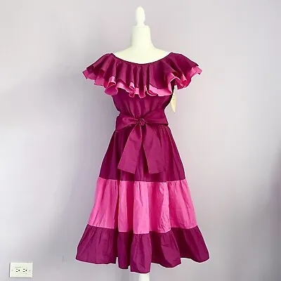 Vintage 70s Size Large Authentic Mexican Dress Purple Pink Tiered Ruffle • $125