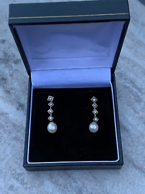 18ct Gold Diamond Cultured Pearl Earrings Antique • £244