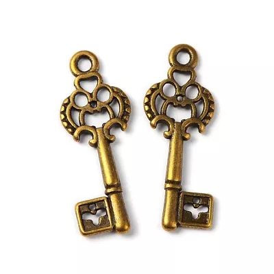 6 Skeleton Key Charms Antique Bronze Tone Steampunk Supplies 2 Sided 28mm • $2.63