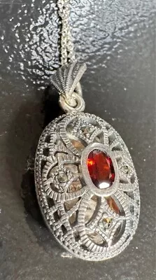 925 Sterling Silver Garnet And Marcasites Vinaigrette Locket Pendant Necklace • $39