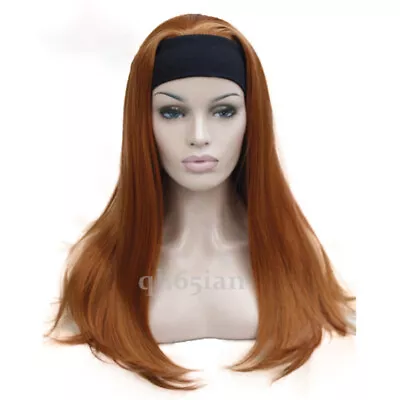 Ladies Wig Long Straight 3/4 Half Wig Hair Head Band Silky Black Natural Wigs • £17.99