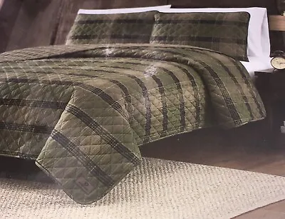 MOSSY OAK KING PLAID QUILT 3 PIECE SET Greens-Black-Tans 2-SHAMS NWT • $89.96