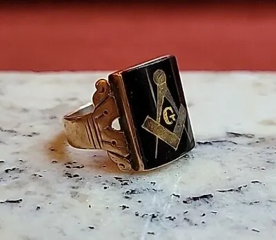 Antique Historic 1890 10k Gold Inlaid Black Stone Masonic Lodge Mens Ring Sz 10 • $495