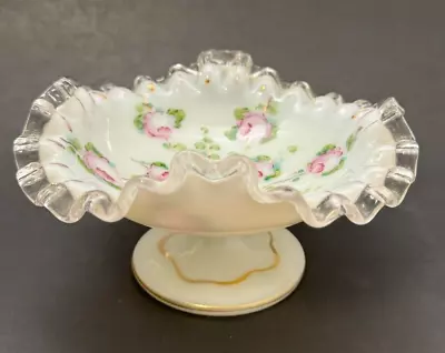 Vintage Fenton Footed Milk Glass Rose Pattern Candy Dish  • $39.97