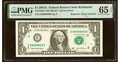 2003 A $1 FRN Fancy Repeater Serial Number 88998899 PMG GEM 65 EPQ • $249