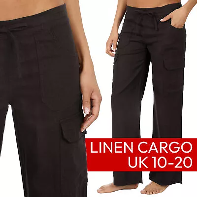 Ladies Linen Cargo Pants Combat Trousers Summer Long Bottoms Holiday Black 10-20 • £12.99