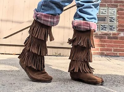 Minnetonka Fringed Split Cowhide Moccasin Boots 3 Rows Of 3  Fringe Pull-on • $22.50