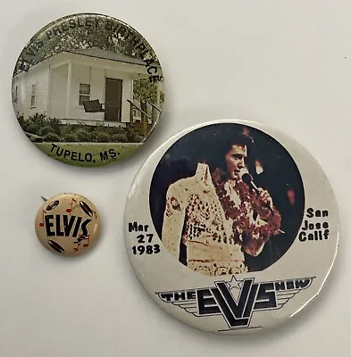 Elvis Lot Of 3 Vintage Pins Elvis 1956 Presley Birthplace The Elvis Show 1983 • $60