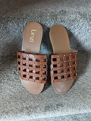 Linzi Tan Brown Faux Leather Studded Cage Flat Sandals New No Box Size 4 • £4.99
