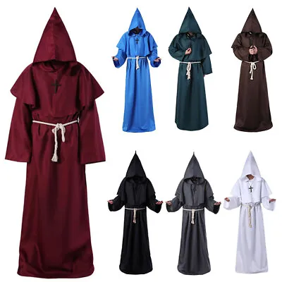 Halloween Adult Mens Monk Cosplay Robe Cloak Capes Friar Medieval Priest Costume • £14.49