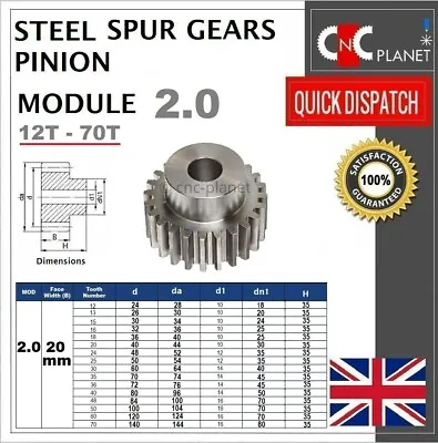 MODULE 2 20mm TOOTH FACE WIDTH STEEL SPUR GEAR PINION COG CNC PLASMA ROUTER UK • $112.37