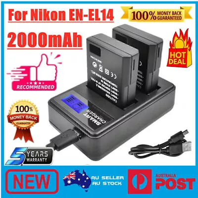 2x EN-EL14 Battery + LCD Dual Charger For Nikon D5300 D3100 D3200 DSLR Camera QP • $34.99