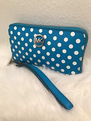 Michael Kors Blue And White Polka Dot Fulton Multifunction Phone Case Wallet • $40