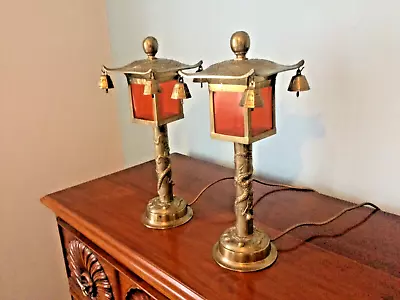 Vintage Pair Of Chinese  Heavy Brass Lamp With Entwined Dragons Birds And Bells • £190