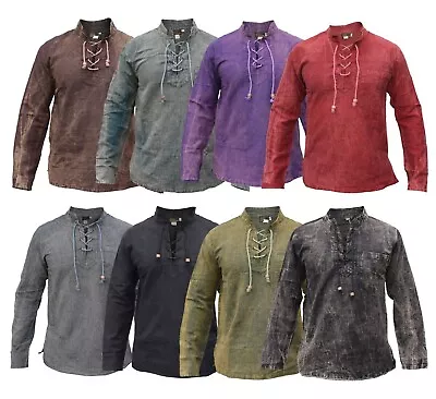 Mens Hemp Cotton Lace Up V Neck Grandad Collar Plain Full Sleeve Shirt • £26.98