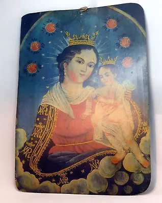 Mexican Retablo Print Vintage Virgin Mary Folk Art 10X14  Tin Virgin With Child • $89.32