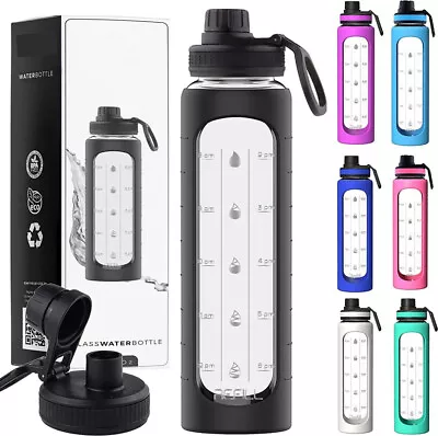 1L Water Bottle Motivational Drink Flask With Time Markings BPA Free Sport Gym • $9.95