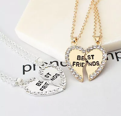 £2.99 • Buy Silver Gold Broken Heart Best Friend Rhinestone 2 Pcs Friendship Necklace Gift