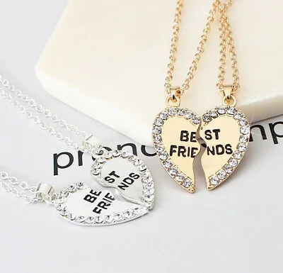 Silver Gold Broken Heart Best Friend Rhinestone 2 Pcs Friendship Necklace Gift • £2.99