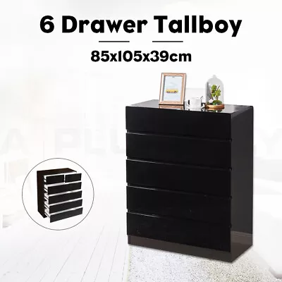 New 105CM High Gloss 6 Drawer Wooden Tallboy Cabinet Chest Of Drawers Black 35B • $249.99