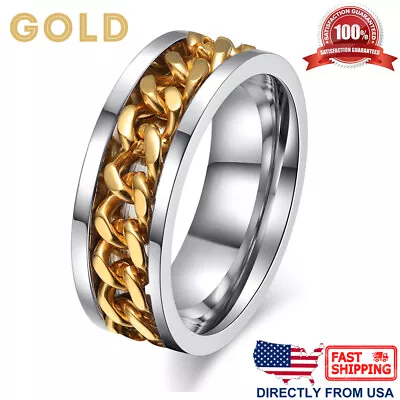 Men's Anxiety Spinner Ring Stainless Steel Curb Chain Wedding Band Comfort Fit • $12.80