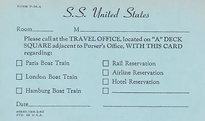 SS United States Ship Travel Office Info Card Ocean Liner Souvenir • $3.59