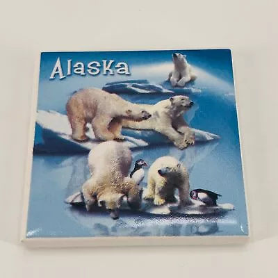 Alaska Square Ceramic Tile Souvenir Refrigerator Magnet W/ Polar Bears • $9.99