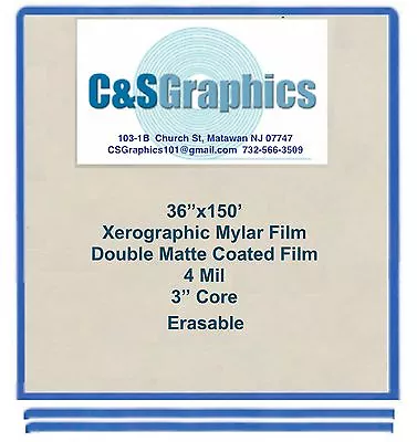 36 X150' Roll 4 Mil Mylar Drafting Film Double Matte Xerographic Erasable  • $215