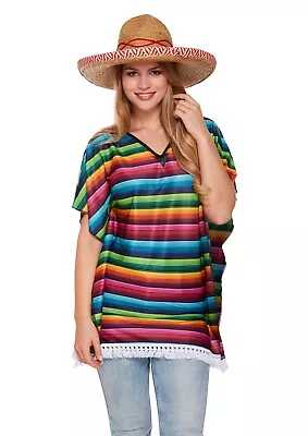 Mexican Poncho Ladies Fancy Dress Spanish Fiesta Adults Costume Day Of Dead • £8.99