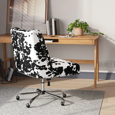 Cow Print Armless Home Office Desk Chair Swivel Velvet Chair Height Adjustable • £95.95