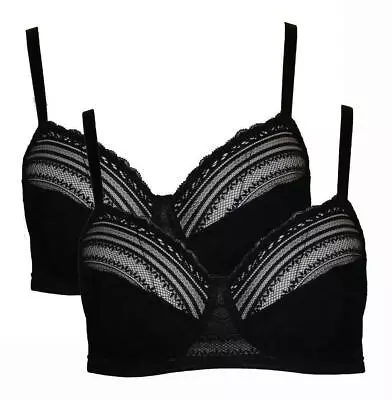 2pk Women's Bras Non-Padded Non-Wired Full Cup Black Victorian Lace Multipack • £8.45
