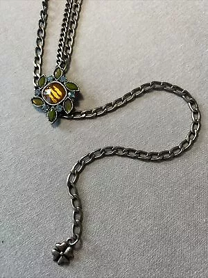 Vintage Lariat Necklace Silver With Gold Blue & Green Stones 28” Plus 11” • $12