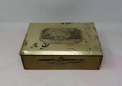 Vintage Brass Jewelry Chest Box Felt Lined Etched Art Sail Ship Ocean • $22.99