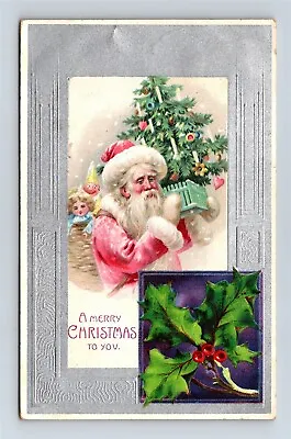 Postcard Merry Christmas Pink Old World Santa Claus Miniature Tree C1907 G34 • $29.95