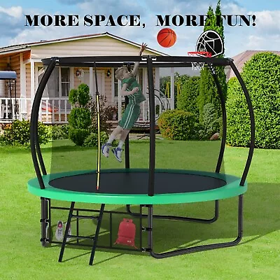 Outdoor 10FT Trampoline For Kids And Adults With Basketball Hoop And Net Green • $298